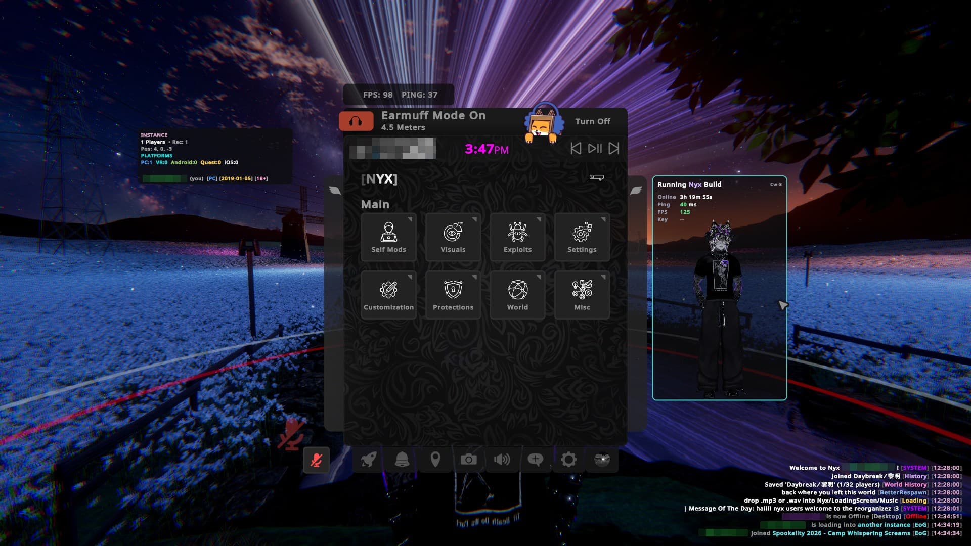 Nyx client main menu