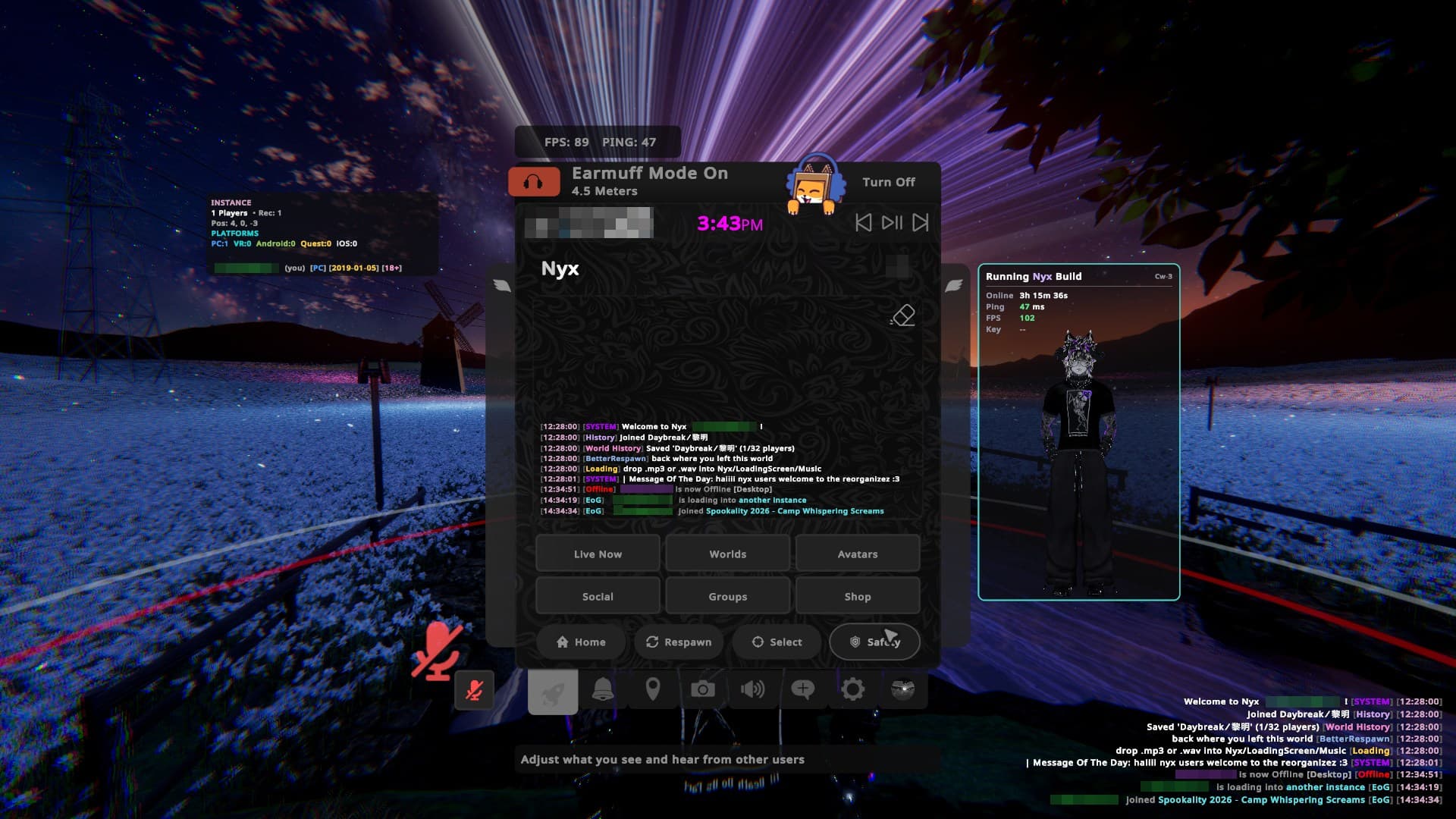 Nyx client home screen